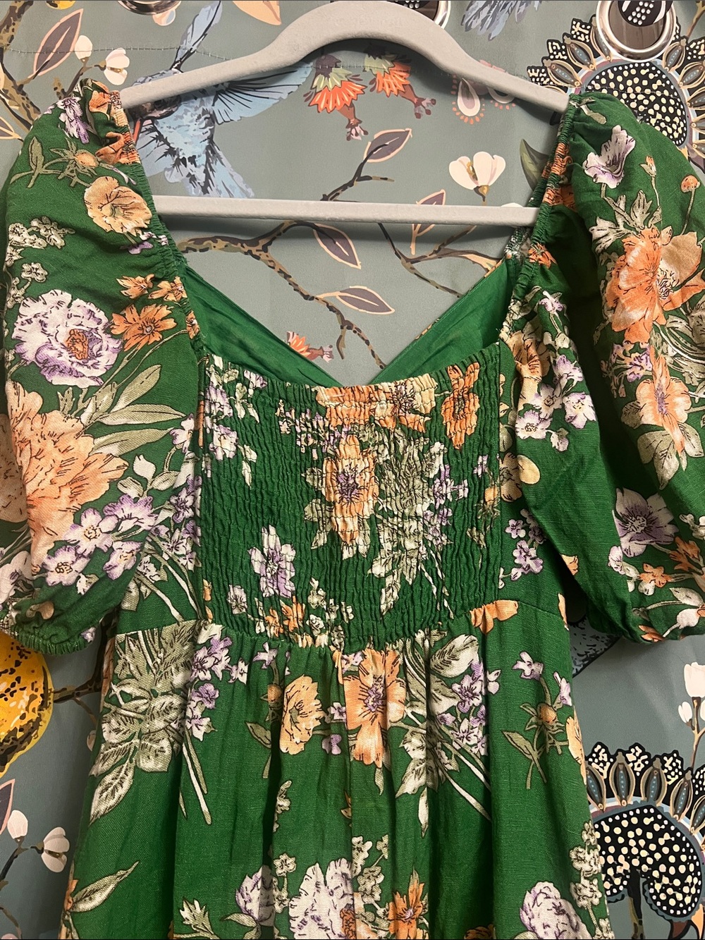 Green Floral Puff-Sleeve Mini Dress - Picture 6 of 7